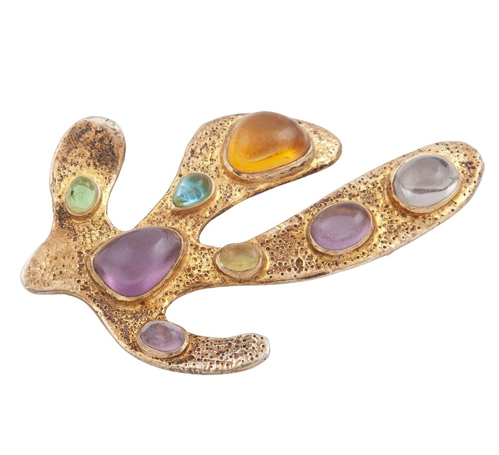 BROCHE EN PLATA DE LEY CHAPADA EN ORO, CUARZOS Y PERIDOTO. Broche realizado en plata de ley 