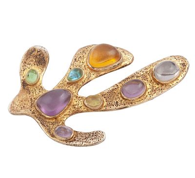 BROCHE EN PLATA DE LEY CHAPADA EN ORO, CUARZOS Y PERIDOTO. Broche realizado en plata de ley 