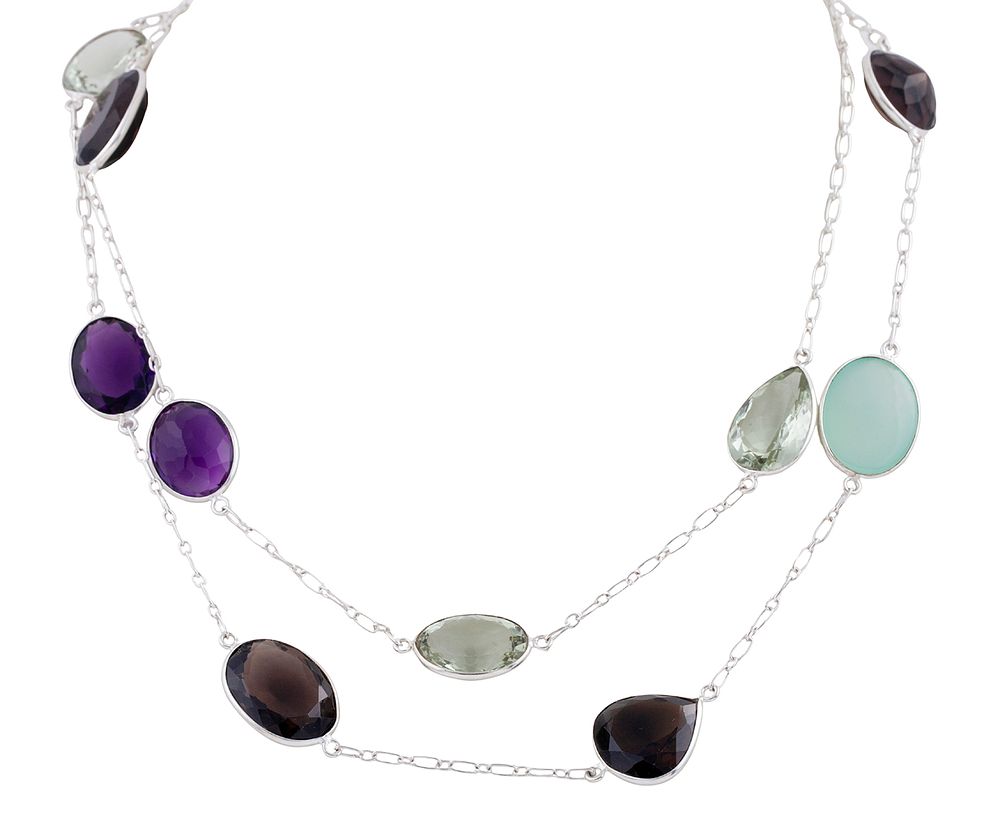 COLLAR EN PLATA 925, CUARZOS VERDES, AHUMADOS, AMATISTAS, CITRINO Y PRASIOLITAS. Collar largo 