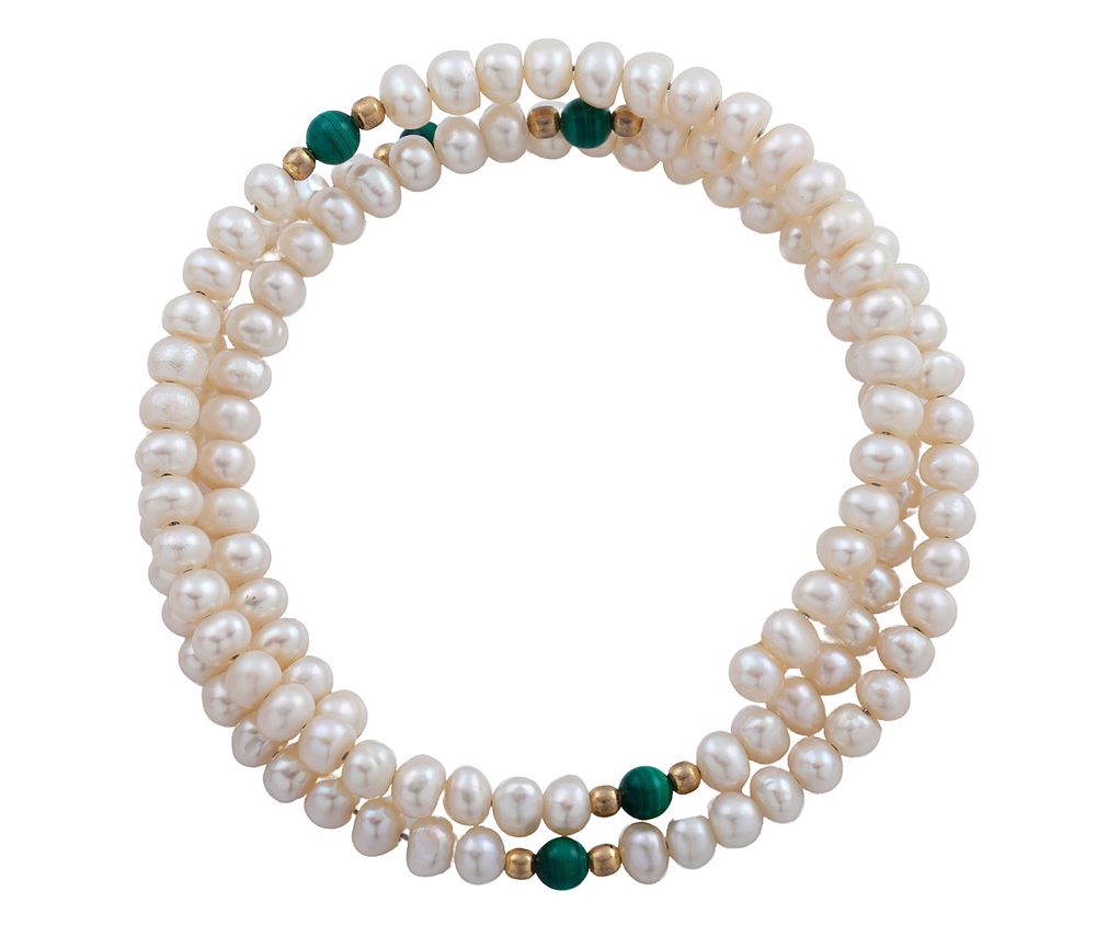 PULSERA CON PERLAS CULTIVADAS, MALAQUITA Y METAL DORADO. Pulsera de varias vueltas y sistema de 