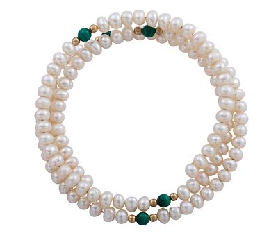 PULSERA CON PERLAS CULTIVADAS, MALAQUITA Y METAL DORADO. Pulsera de varias vueltas y sistema de 
