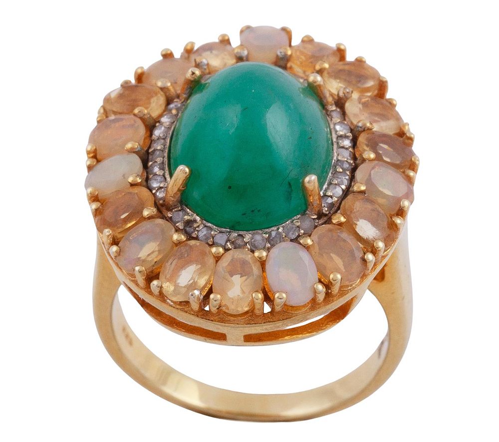 SORTIJA EN PLATA 925 CHAPADA EN ORO, ESMERALDA, ÓPALOS Y DIAMANTES. Sortija realizada en plata 
