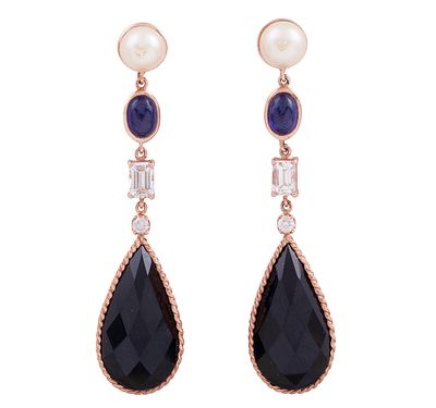 PENDIENTES EN PLATA 925 CHAPADA EN ORO ROSA, PERLAS, ZAFIROS, TOPACIOS, DIAMANTES Y ÓNIX. Pendien 