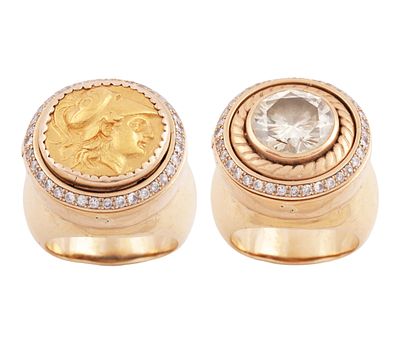 MONEDA ESTATERA DE ORO 23KT Y GRAN DIAMANTE DE 7.20CT SOBRE ANILLO DE 18KT. Anillo solitario 