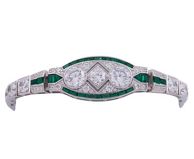 BRAZALETE EN PLATA DE LEY 978m/m, CIRCONITAS Y PIEDRAS SINTÉTICAS DE COLOR VERDE. Pulsera 