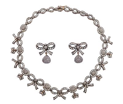 GARGANTILLA Y PENDIENTES ESTILO ANTIGUO CON DIAMANTES, EN ORO 18KT Y PLATA 950. Juego realizado 