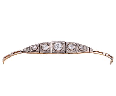 PULSERA EN ORO 16KT Y DIAMANTES. Pulsera de pedida antigua, realizada en oro de 16kt. Centro 