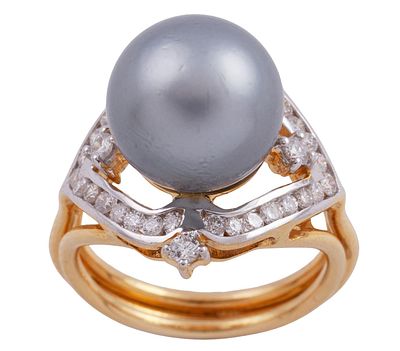 SORTIJA EN ORO BICOLOR 14KT, PERLA CULTIVADA TAHITÍ Y DIAMANTES. Sortija realizada en oro 