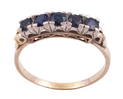 CINQUILLO EN ORO 14KT Y ZAFIROS. Sortija cinquillo realizada en oro de 14kt. Formada por 5 