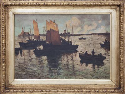 MARINA (S. XX). Óleo sobre lienzo Representa varios marinos abandonando barcos de vela en 