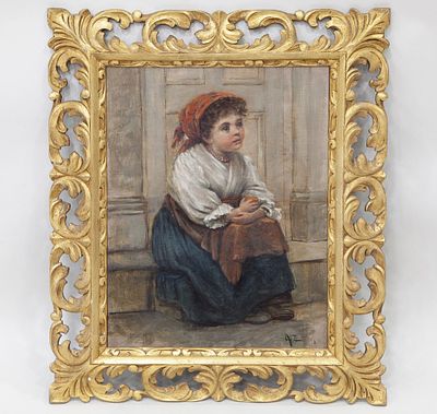 NIÑA CON VESTIMENTA POPULAR SENTADA. ESCUELA ESPAÑOLA S.XX Óleo sobre lienzo Firmada con 