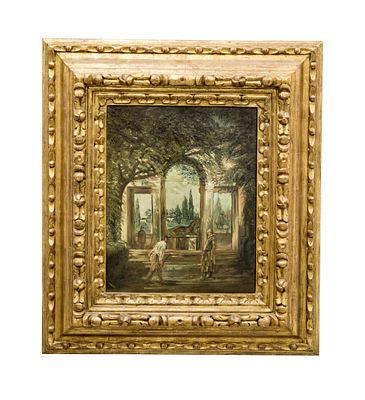 "VISTA DE LA VILLA MEDICI DE ROMA CON LA ESTATUA DE ARIADNA", COPIA DEL ORIGINAL DEL MUSEO 