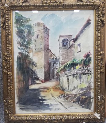 TORRE Y CAMPANARIO, 1959. Acuarela Muestra una calle protagonizada por una torre y un 