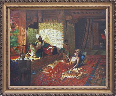 HARÉN. S.XX. Óleo sobre lienzo Representa una figura masculina fumando de una pipa. Junto a él 