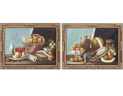 PAREJA DE BODEGONES DE FRUTAS Y FLORES. Óleo sobre lienzo Pareja de óleos que muestran bodegones 
