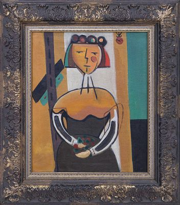 DAMA CON FLORES. SEGUIDOR DE LUIS SEOANE (Buenos Aires, 1910-A Coruña, 1979) Óleo sobre 