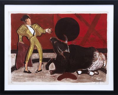 TAUROMAQUIA. JUAN BARJOLA (Torre de Miguel Sesmero, Badajoz 1919-Madrid 2004) Litografía a tres 