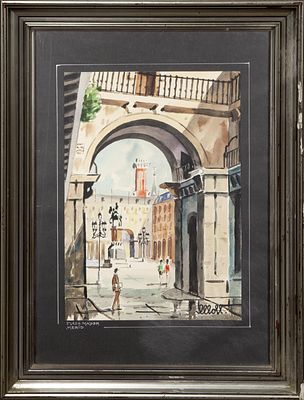 PLAZA MAYOR DE MADRID, S.XX. Acuarela sobre papel Firmado "Moll" ángulo inferior derecho y 