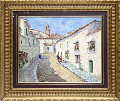 CALLE DE UN PUEBLO ANDALUZ. ESCUELA ANDALUZA, S.XX Óleo sobre lienzo Firmado "Larsan" en el 