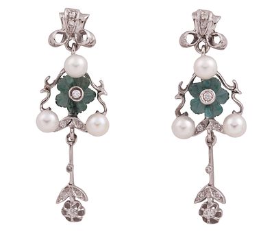 PENDIENTES EN ORO 14KT, PERLAS, DIAMANTES Y PIEDRA AZULADA. Pareja de pendientes largos con 