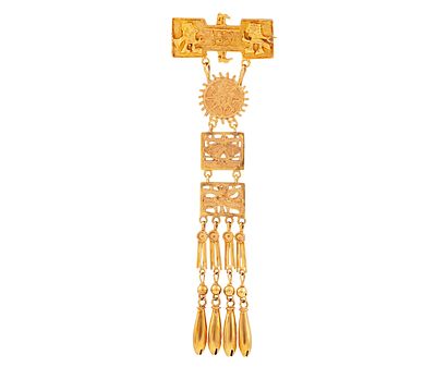 BROCHE EN ORO 14KT. Broche realizado en oro de 14kt. Dise&ntilde;o con motivos precolombinos de 4 