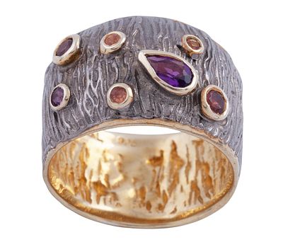 SORTIJA EN PLATA 925 CON CHAPADO EN ORO, AMATISTA, ESPESARTINA Y CITRINOS. JOYER&Iacute;A DE AUTOR 