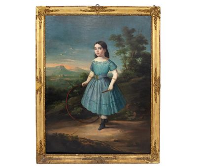 RETRATO NI&Ntilde;A CON ARO, ESCUELA ITALIANA (1848). AQUILES BORGHINI (S. XIX) &Oacute;leo sobre lienzo Gran 