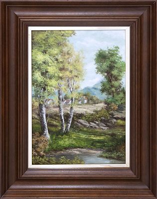 "PASO DEL R&Iacute;O" (S.XX). &Oacute;leo sobre lienzo Muestra el cauce de un r&iacute;o rodeado por &aacute;rboles, y 