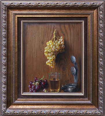 BODEG&Oacute;N CON UVAS. JUAN ANTONIO PRADELES (1934) &Oacute;leo sobre lienzo Firmado en la esquina inferior 