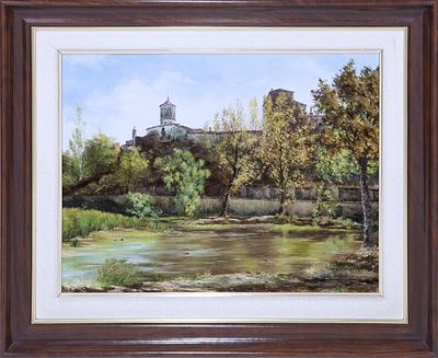 "VISTA CON R&Iacute;O" (S.XX). &Oacute;leo sobre lienzo Exterior que muestra el paso de un r&iacute;o y de fondo, el 