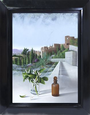 JARDIN DE LAS PUERTAS OSCURAS. &Oacute;leo sobre tabla Firmado Llinares en la esquina superior derecha. 