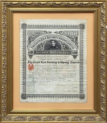 ACCI&Oacute;N DE LA THE COSTA RICA RAILWAY COMPANY LIMITED, 1889. Papel Acci&oacute;n The Costa Rica Railway 