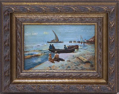 "VISTA MAR&Iacute;TIMA". &Oacute;leo sobre tabla Muestra una vista donde varios pescadores vuelven tras la 