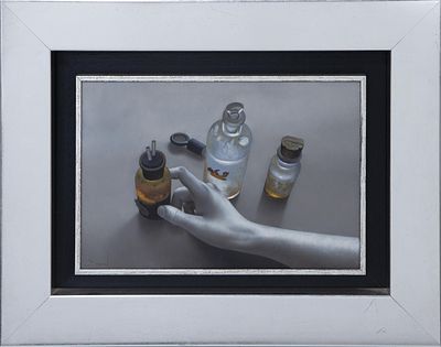 BOTES DE CRISTAL. BARBER&Aacute;N (M&aacute;laga, S.XX) &Oacute;leo sobre tabla Firmado en la esquina inferior 