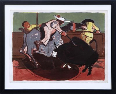 TAUROMAQUIA. JUAN BARJOLA (Torre de Miguel Sesmero, Badajoz 1919-Madrid 2004) Litograf&iacute;a a tres 