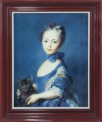 IMPRESI&Oacute;N SOBRE LIENZO DE LA PINTURA ORIGINAL "FILLETTE AU CHAT" (1743) . DE JEAN-BAPTISTE 
