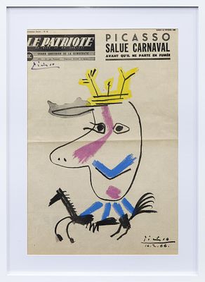 PORTADA DEL DIARIO "LE PATRIOTE" FIRMADA MANUALMENTE POR PICASSO (FEBRERO, 1968). PABLO RUIZ 