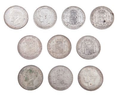 DIEZ MONEDAS DE 5 PESETAS EN PLATA DE LEY. Lote formado por 10 monedas realizadas en plata de 