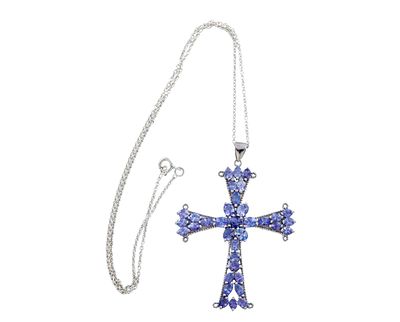 COLGANTE EN FORMA DE CRUZ Y CADENA EN PLATA DE LEY Y TANZANITAS. Colgante en forma de cruz y 