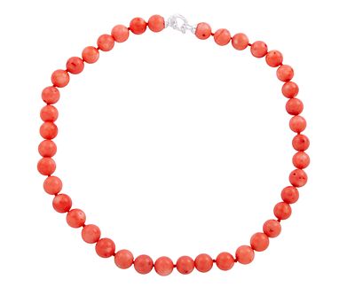 COLLAR DE CUENTAS DE CORAL Y BROCHE EN PLATA DE LEY. Collar compuesto por un hilo de cuentas de 