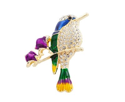 BROCHE COLIBR&Iacute; EN METAL DORADO, ESMALTES MULTICOLOR, PIEDRAS BLANCAS Y AZULES. Broche con forma 