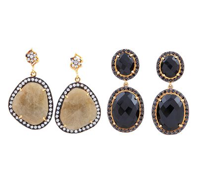 DOS PARES DE PENDIENTES EN PLATA MACIZA DE LEY DORADA CON ONIX, CUARZO CITRINO Y CIRCONITAS. Lote 