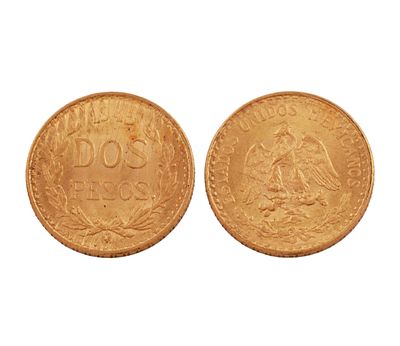 MONEDA DE DOS PESOS MEJICANOS EN ORO 21 KT. Moneda de dos pesos mejicanos realizada en oro de 21 