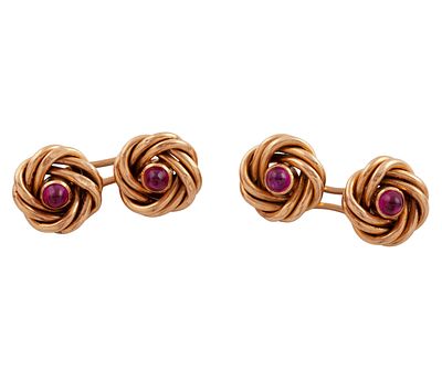GEMELOS DE DOBLE BOT&Oacute;N EN ORO DE 18 KT.CON RUBIES S&Iacute;NTETICOS. Par de gemelos con doble bot&oacute;n 