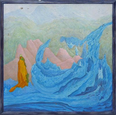 CARLOS ANDINOS (S.XX) &Oacute;leo sobre tabla Muestra una figura sobre las aguas que se elevan 