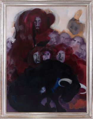 EL TORO Y LAS PARCAS. V&Iacute;CTOR PUYUELO (Huesca, 1941- M&aacute;laga, 2006) &Oacute;leo sobre lienzo Firmado en 