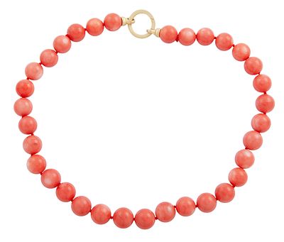 COLLAR CORTO CON CUENTAS ESFERICAS DE CORAL DEL PACIFICO Y PLATA DE LEY 925 CHAPADA EN ORO. Colla 