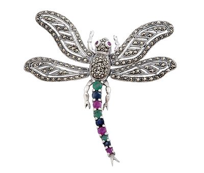 BROCHE LIBELULA ARTICULADO EN PLATA DE LEY 925, CON RUBIES, ESMERALDAS, ZAFIROS Y MARCASITAS. Gra 
