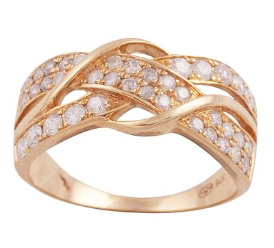 Sortija realizada en oro bajo de 9kt. Con bandas cruzadas cuajadas de diamantes en talla 
