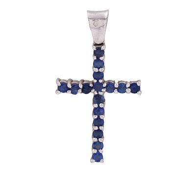 COLGANTE CRUZ LATINA EN ORO DE 14 KT. Y ZAFIROS. Colgante con forma de Cruz latina, realizada en 